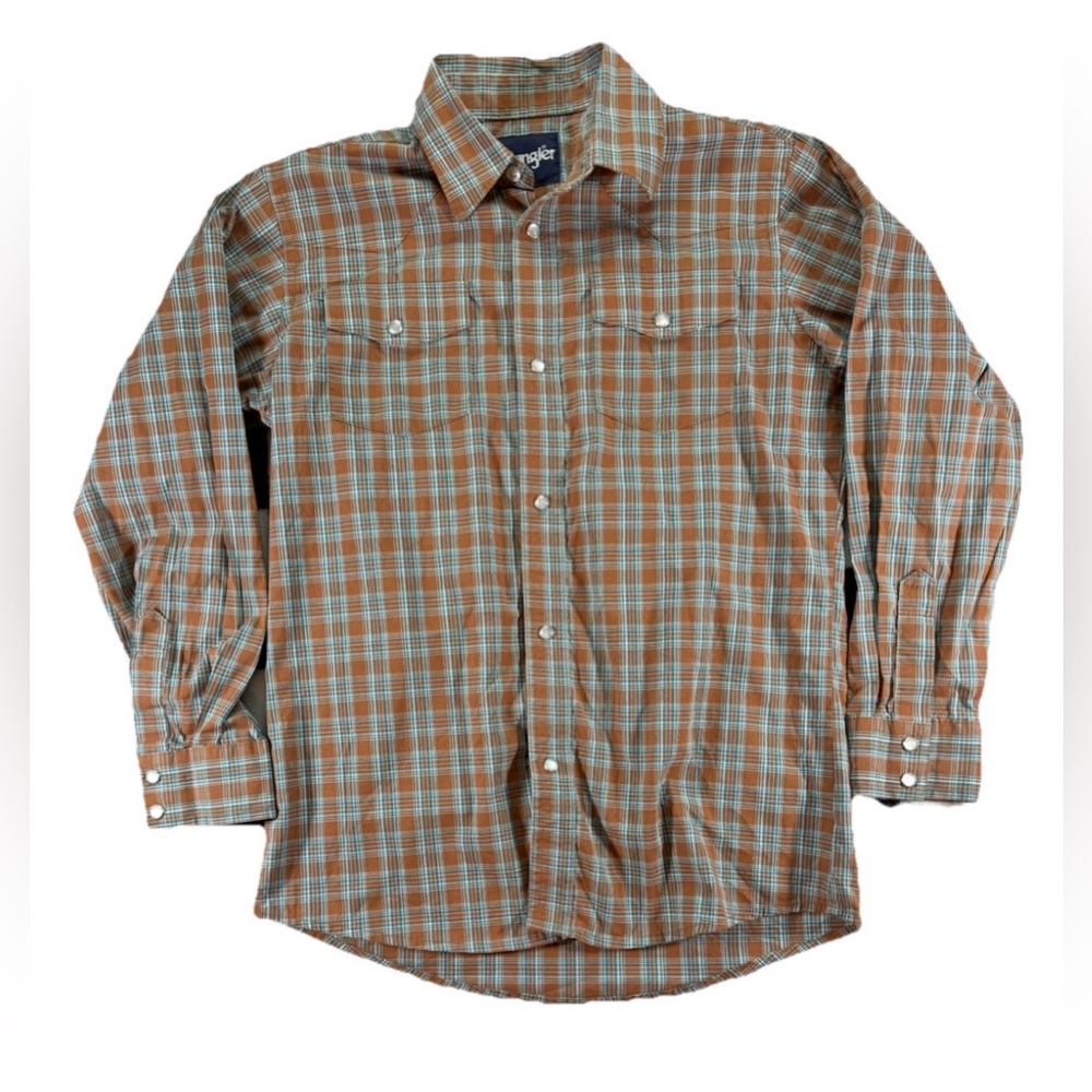 Wrangler Pearl Snap Plaid Shirt Youth Large Orange Vintage Western Long Sleeve